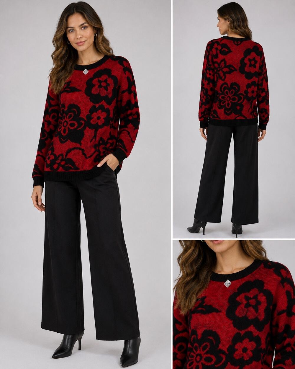 Vintage Jolie Women’s L Red Black Floral Knit Sweater Made USA 80s 90s